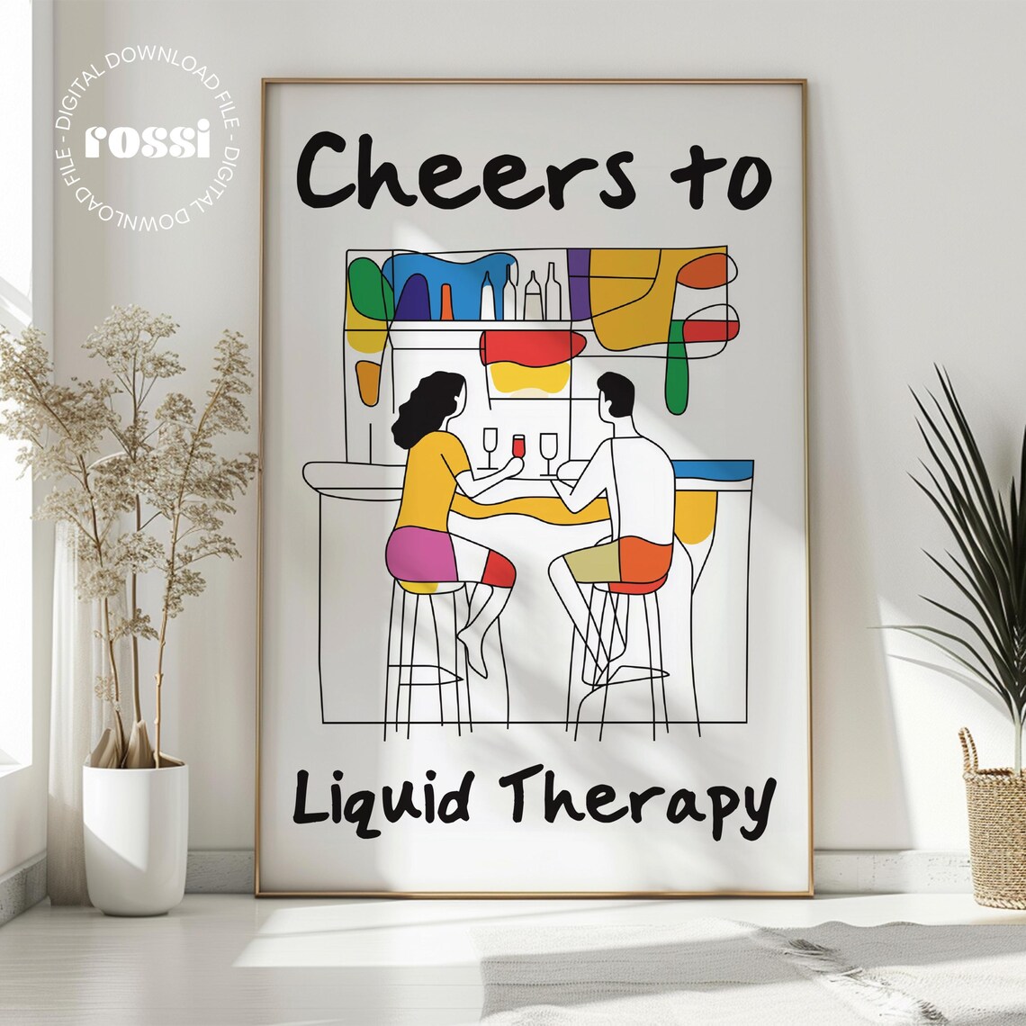 Cheers To Liquid Therapy Couple At The Bar Colorful Line Art Poster - Image 2