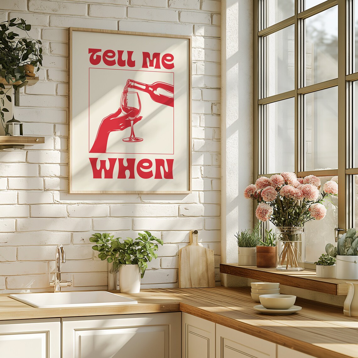 Tell Me When Retro Red Wine Pour Illustration Kitchen Bar Wall Poster - Image 3