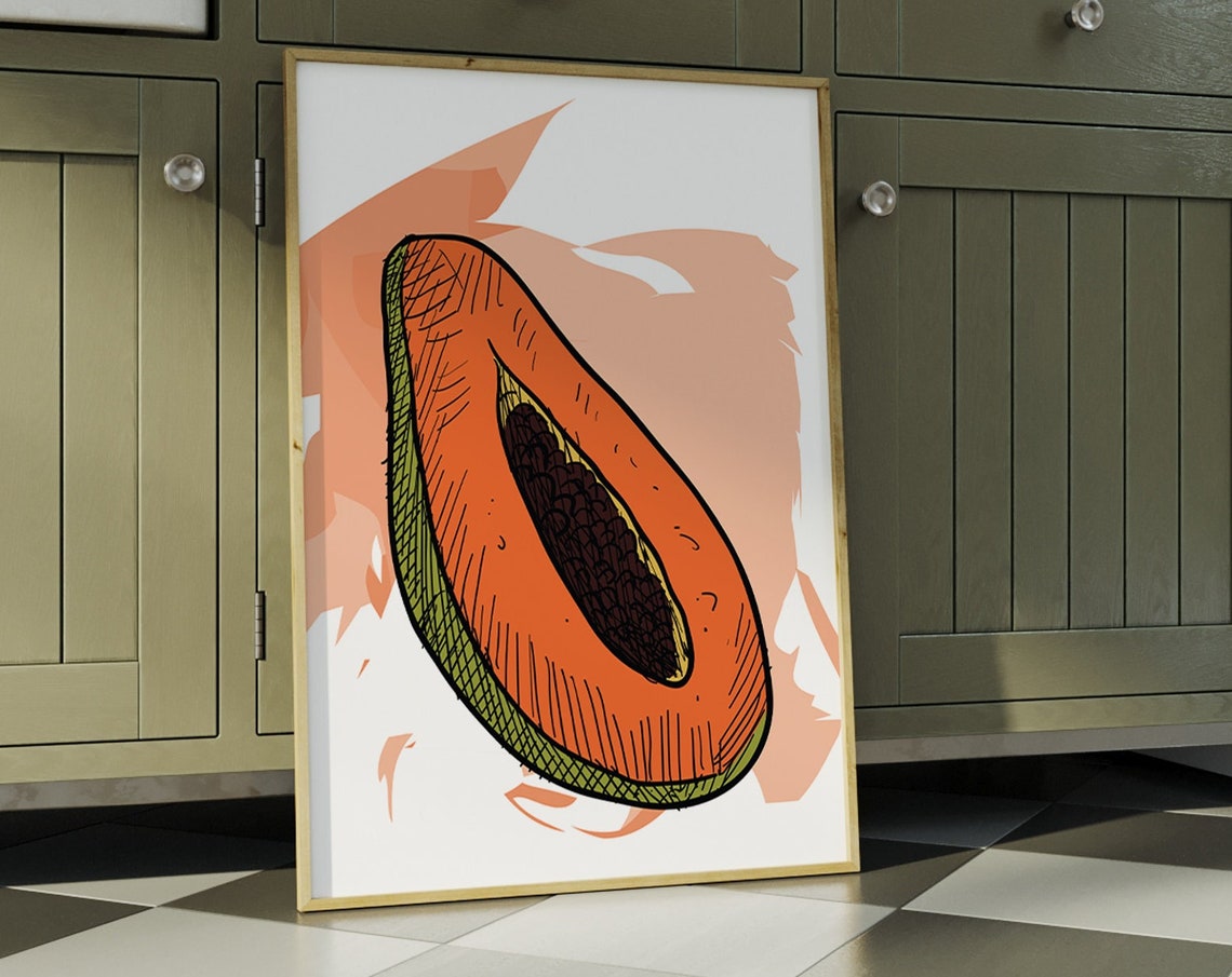 Papaya Slice Sketch Line Art Tropical Fruit Kitchen Wall Poster