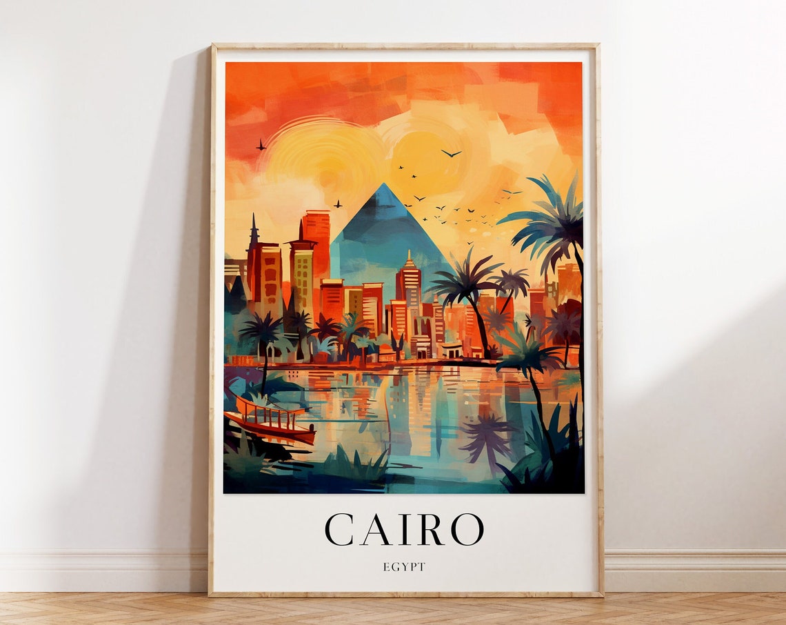 Cairo Egypt Golden Sunset Pyramid Skyline Abstract Art Poster