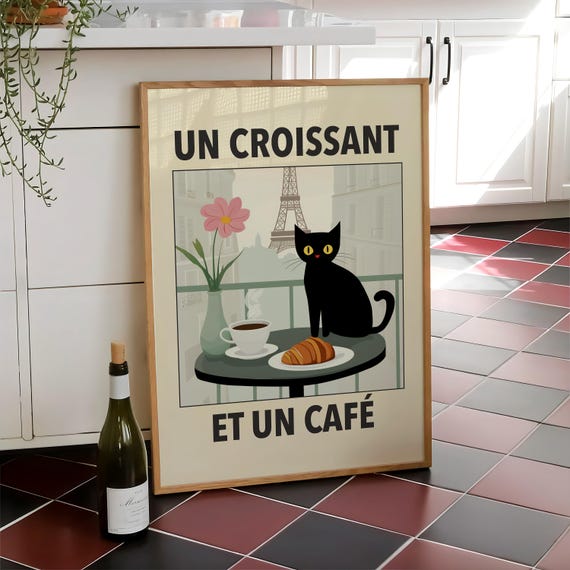 French Cafe Black Cat Print More Espresso Coffee And Croissant Poster Un Kitchen Wall Art Digital File