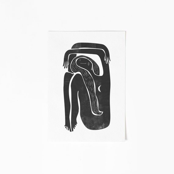 Moon River Female Nude Linocut Style Illustration Instantly And Print From Home