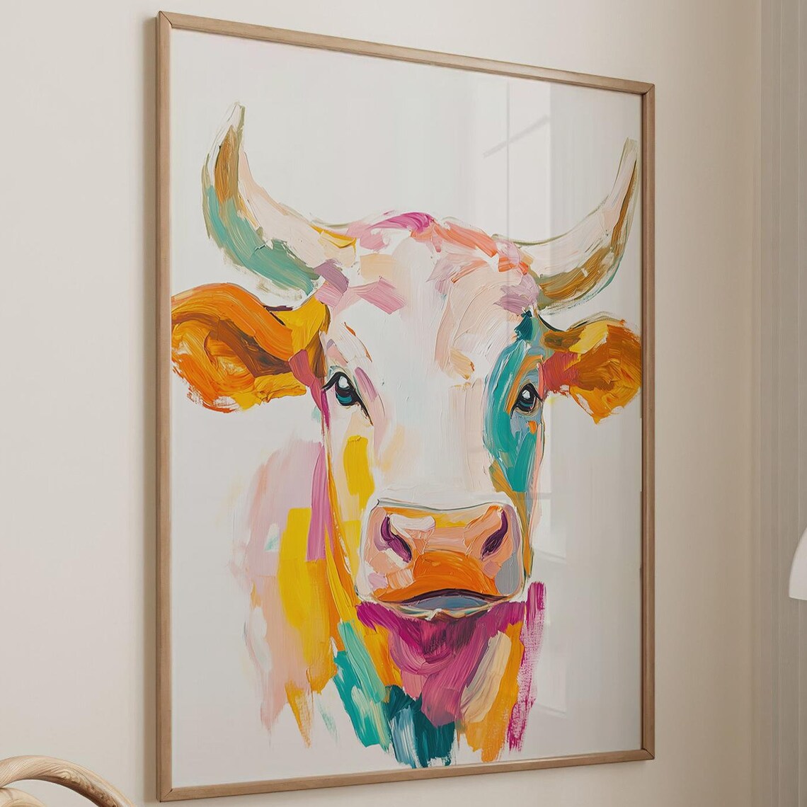 Colorful Bull Portrait Painting Pastel Pop Art Farm Animal Wall Art