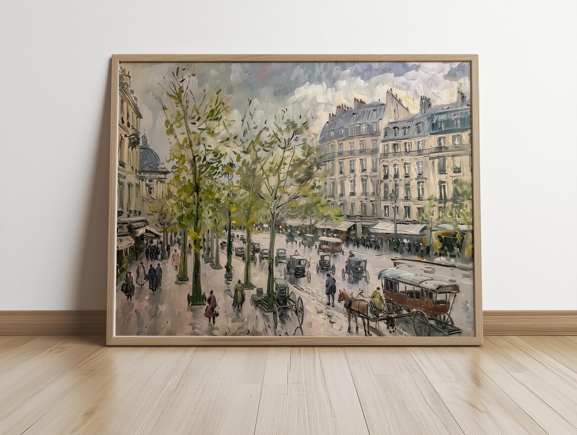 1880s Paris Street With Horse Carriages Vintage European Art Poster - Image 3