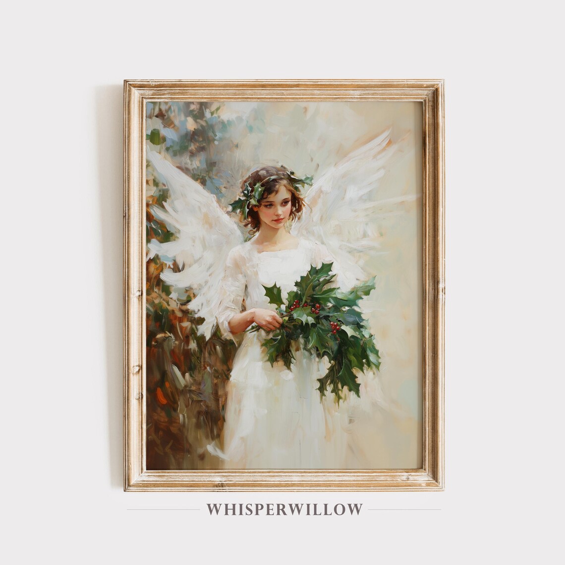Young Angel in White Gown Holding Holly Vintage Christmas Poster