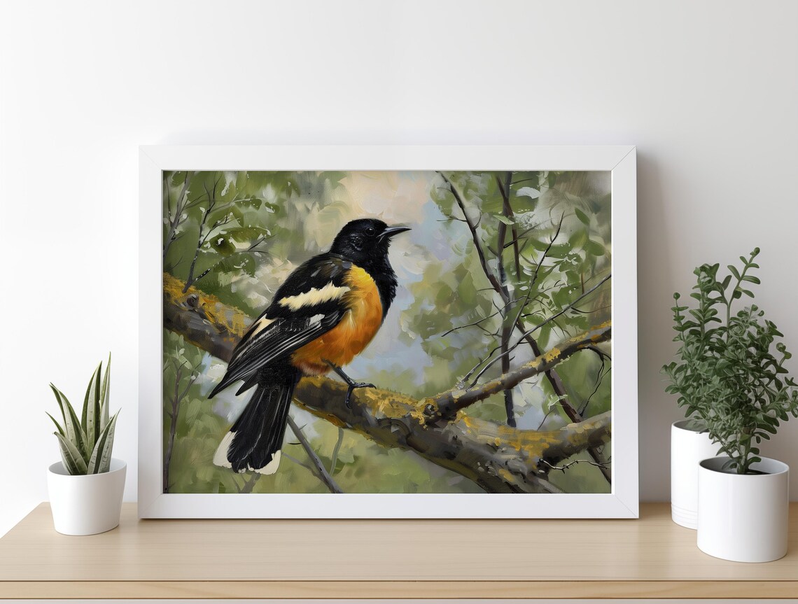 Black and Orange Songbird Perched on Branch Vintage Painting Poster - Image 2