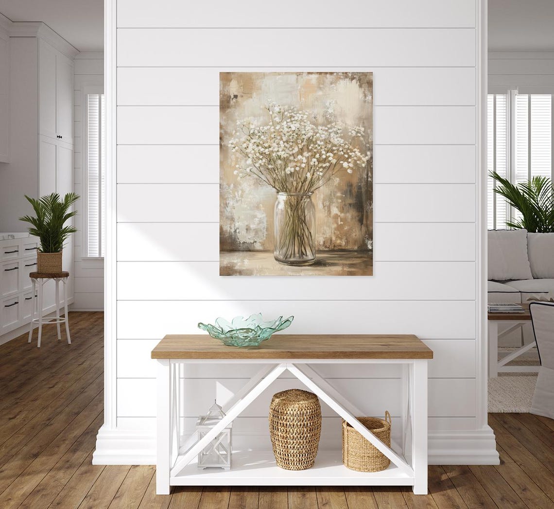Neutral Babys Breath Flowers in Glass Jar Rustic Floral Poster - Image 4