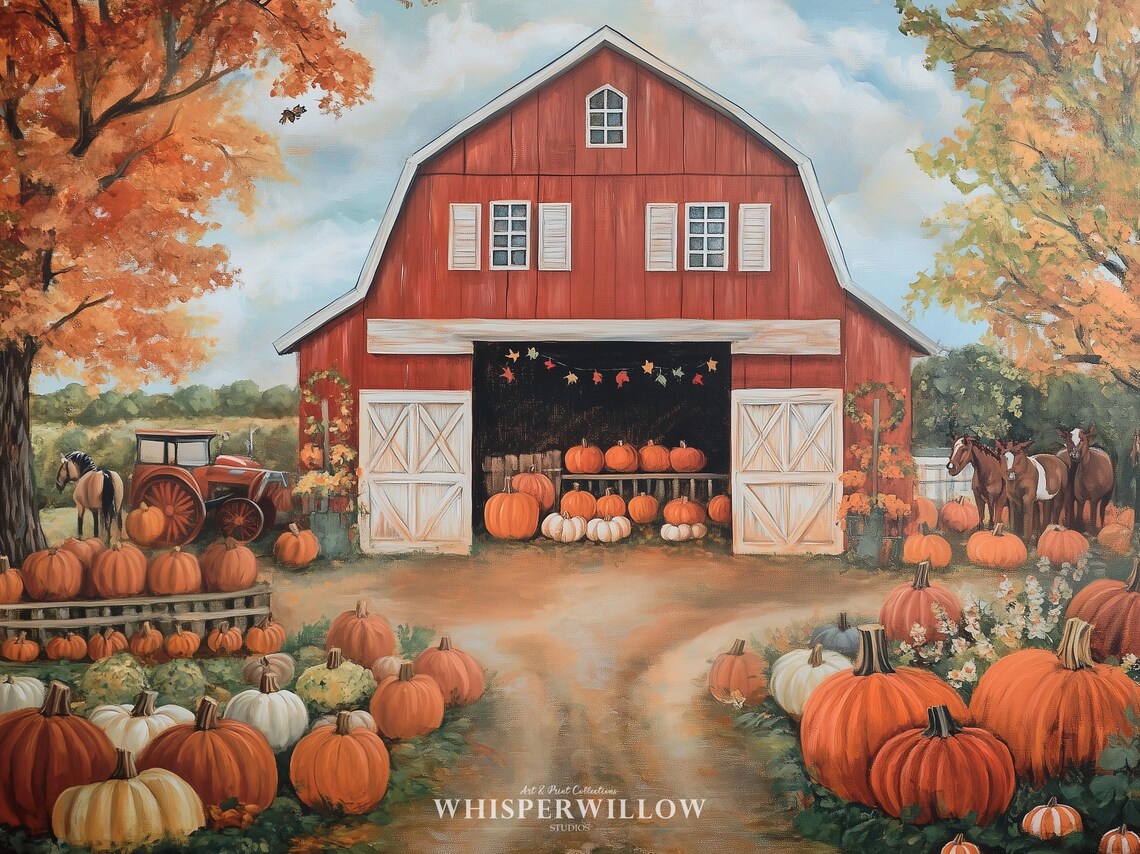 Autumn Farm Scene Red Barn Pumpkins Tractor Horses Painting Poster - Image 6