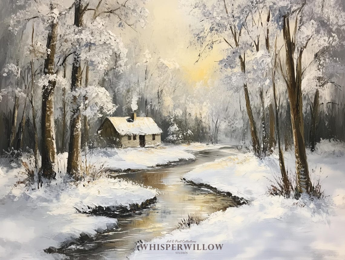 Cozy Snowy Log Cabin in Winter Forest with Winding Stream Poster - Image 6