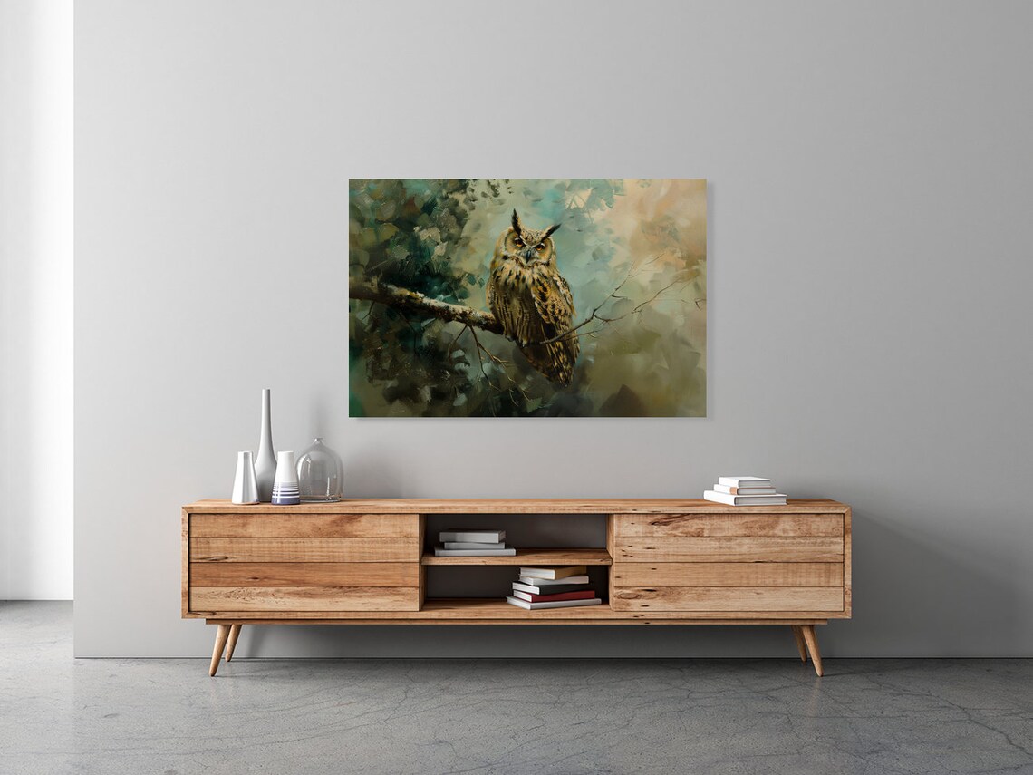 Great Horned Owl Perched on Branch Vintage Style Oil Painting Poster - Image 2