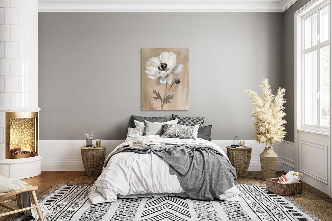 White Anemone Bloom Single Flower Still Life Painting Neutral Wall Art - Image 3