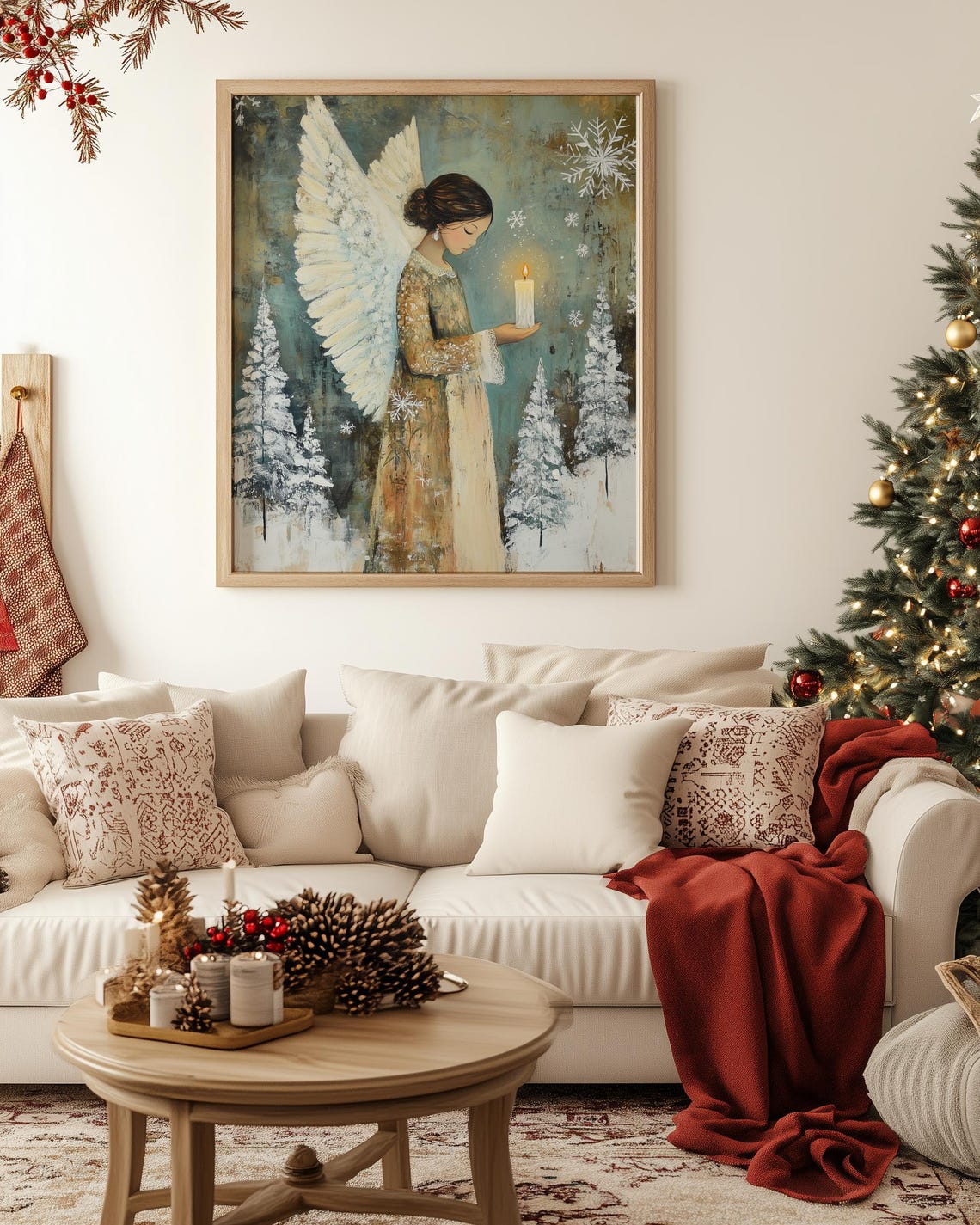 Winter Holiday Angel Candle Snowy Pines Snowflakes Peaceful Wall Art - Image 4