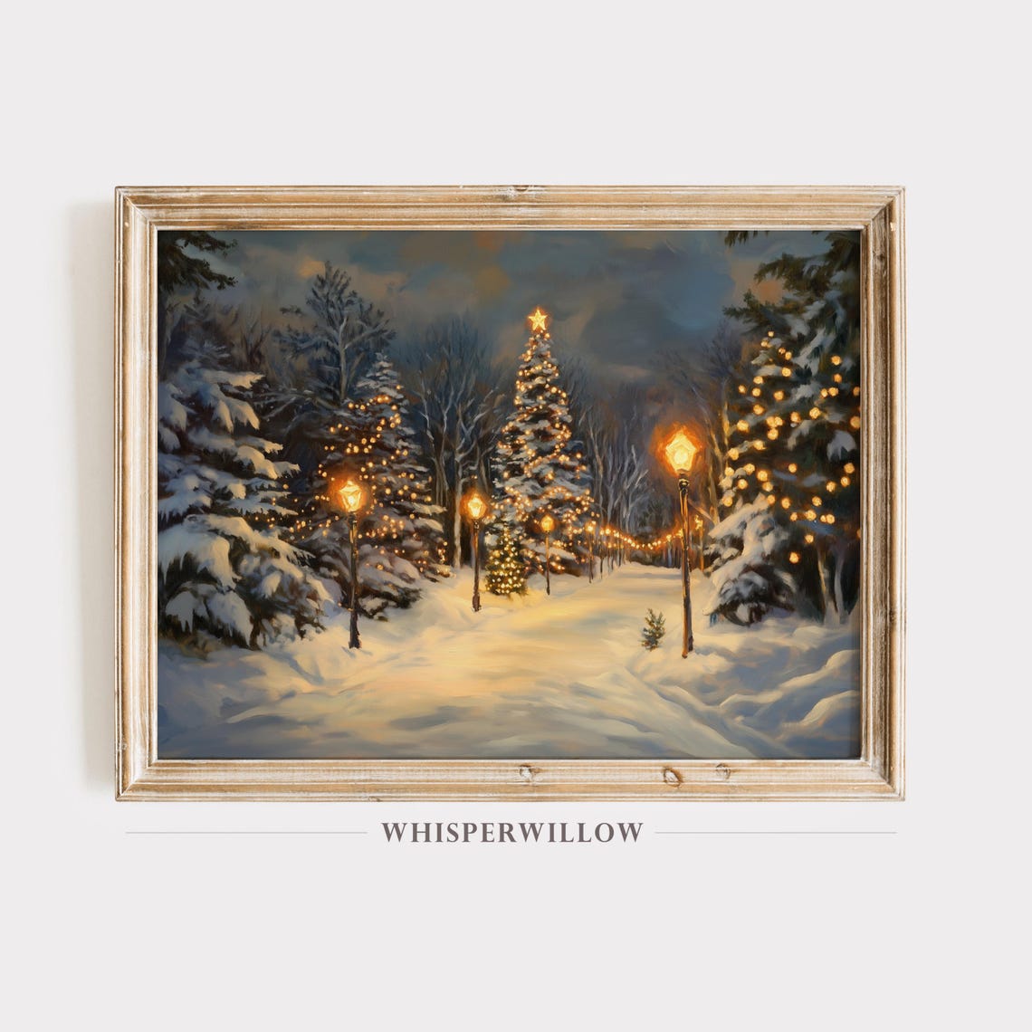 Snowy Christmas Park with Glowing Lit Trees on a Winter Night Poster