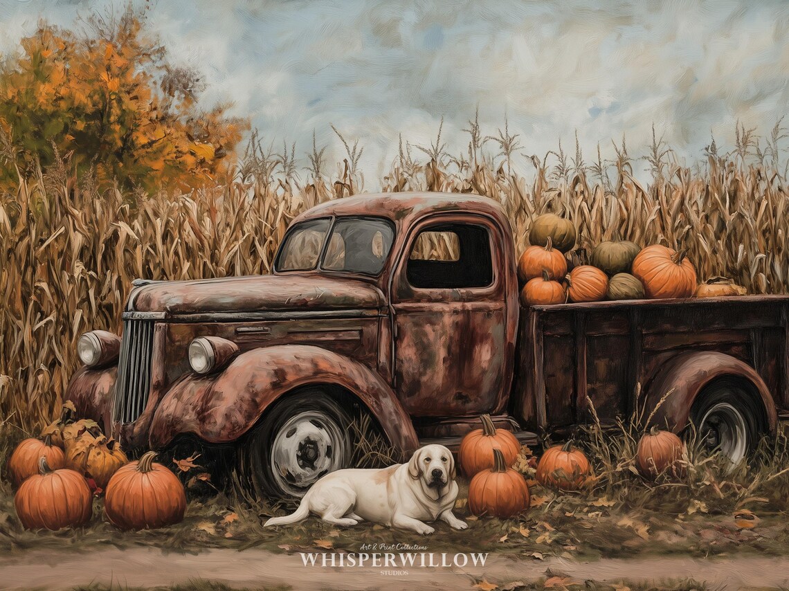 Vintage Pumpkin Truck with Labrador Dog in Autumn Cornfield Poster - Image 6
