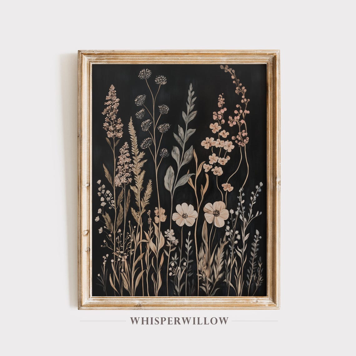 Neutral Wildflower Botanical Black Background Beige Blooms Print