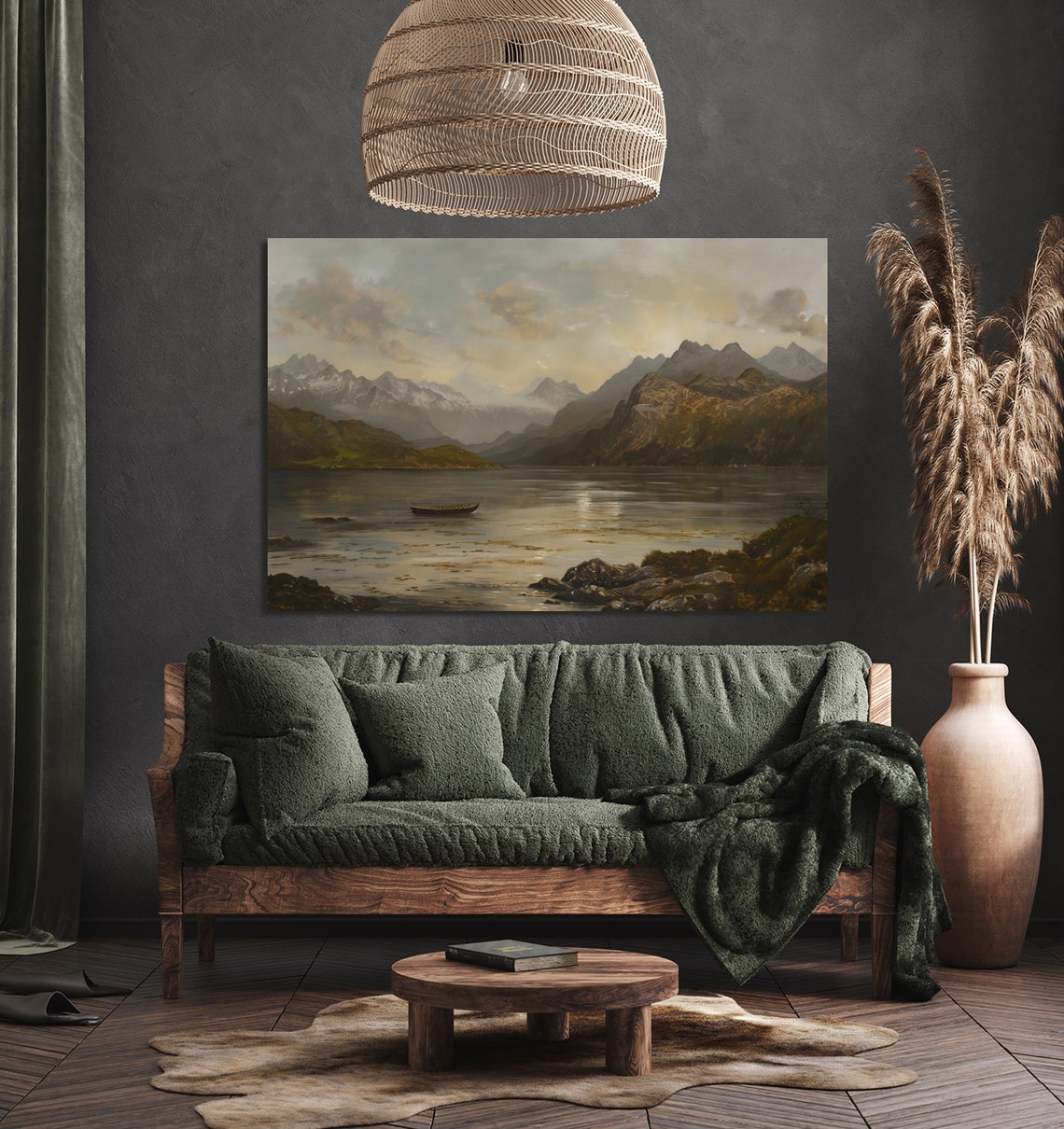 Fjord Lake Majestic Mountains Vintage Painting Lone Boat Poster - Image 4
