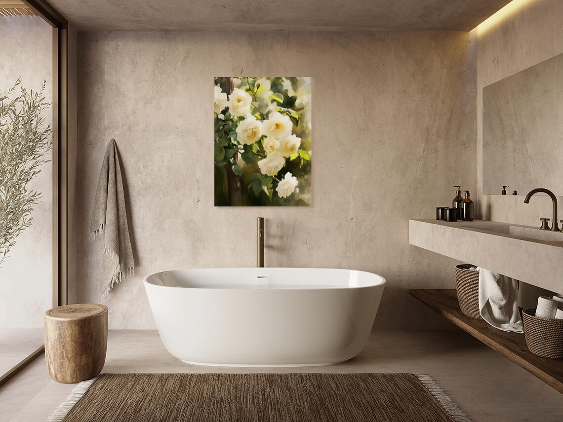 Elegant Cream White Roses Blooming Floral Garden Painting Wall Art - Image 4