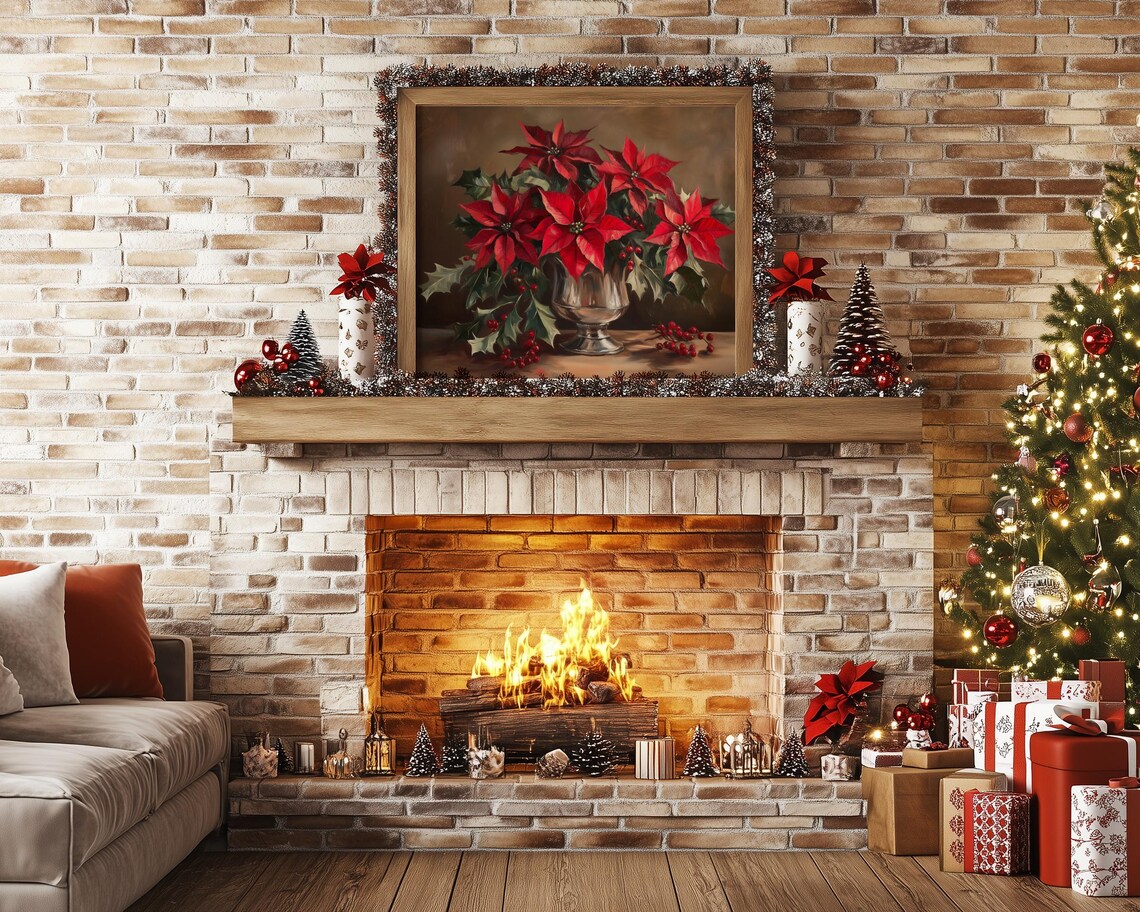 Vintage Red Poinsettia Still Life with Holly Berries Christmas Poster - Image 5