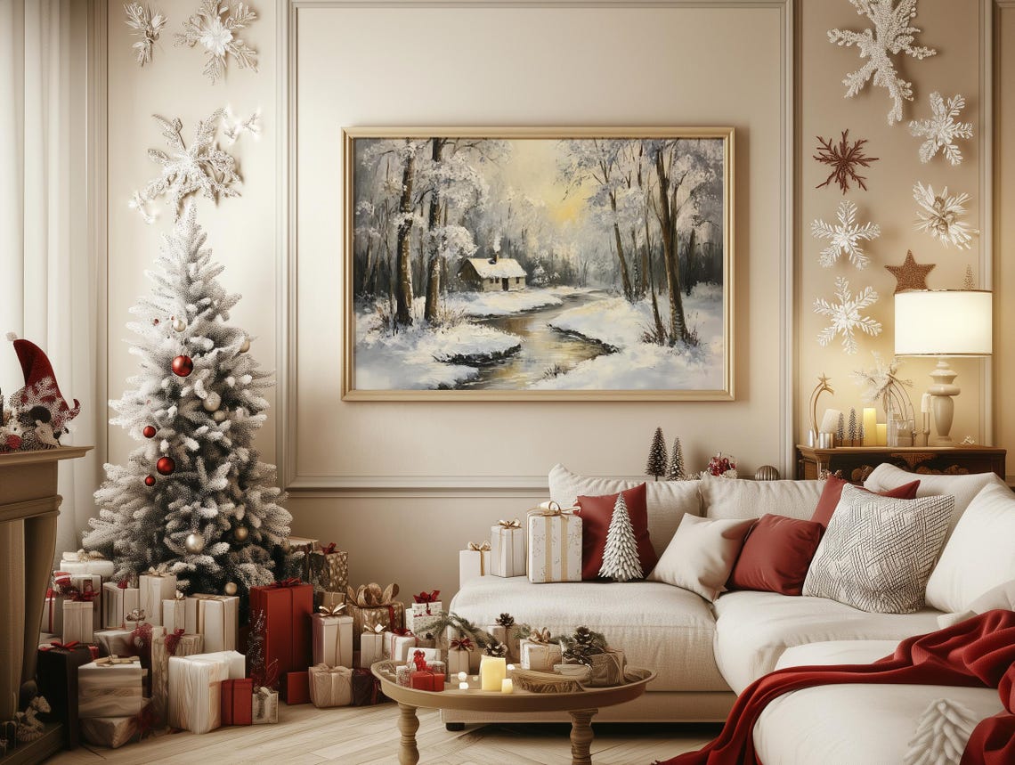 Cozy Snowy Log Cabin in Winter Forest with Winding Stream Poster - Image 3