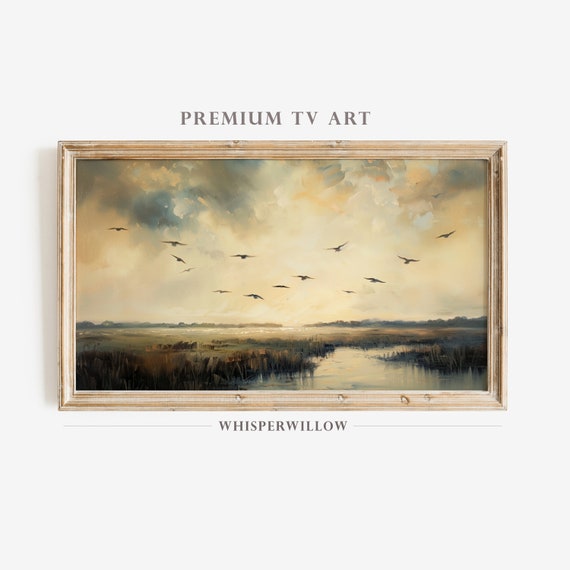 Frame Tv Art Gloomy Marsh Vintage Landscape Painting Wetlands Marshland Rustic Farmhouse Decor