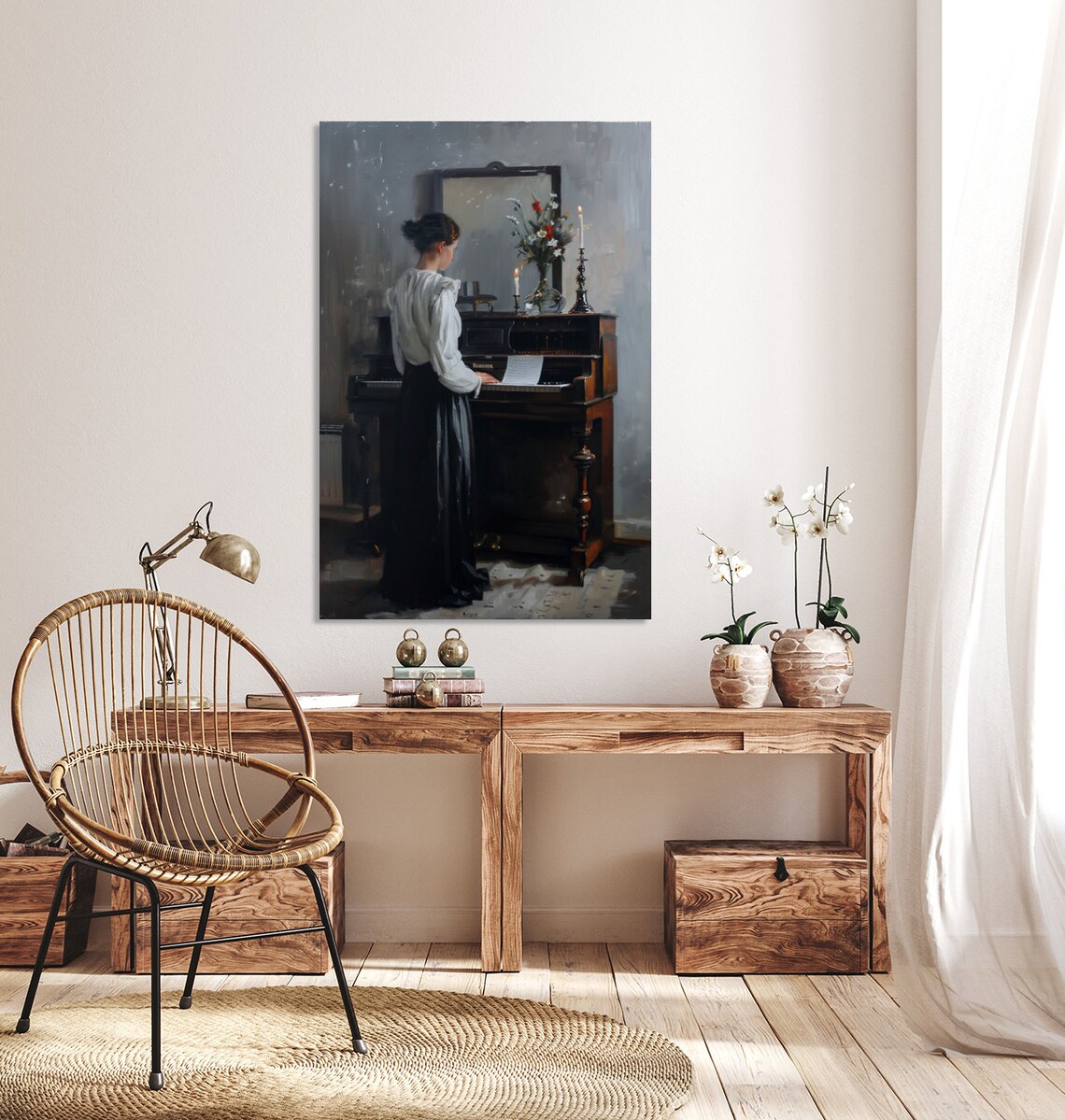 Woman Playing Vintage Piano With Candles Romantic Oil Painting Poster - Image 3