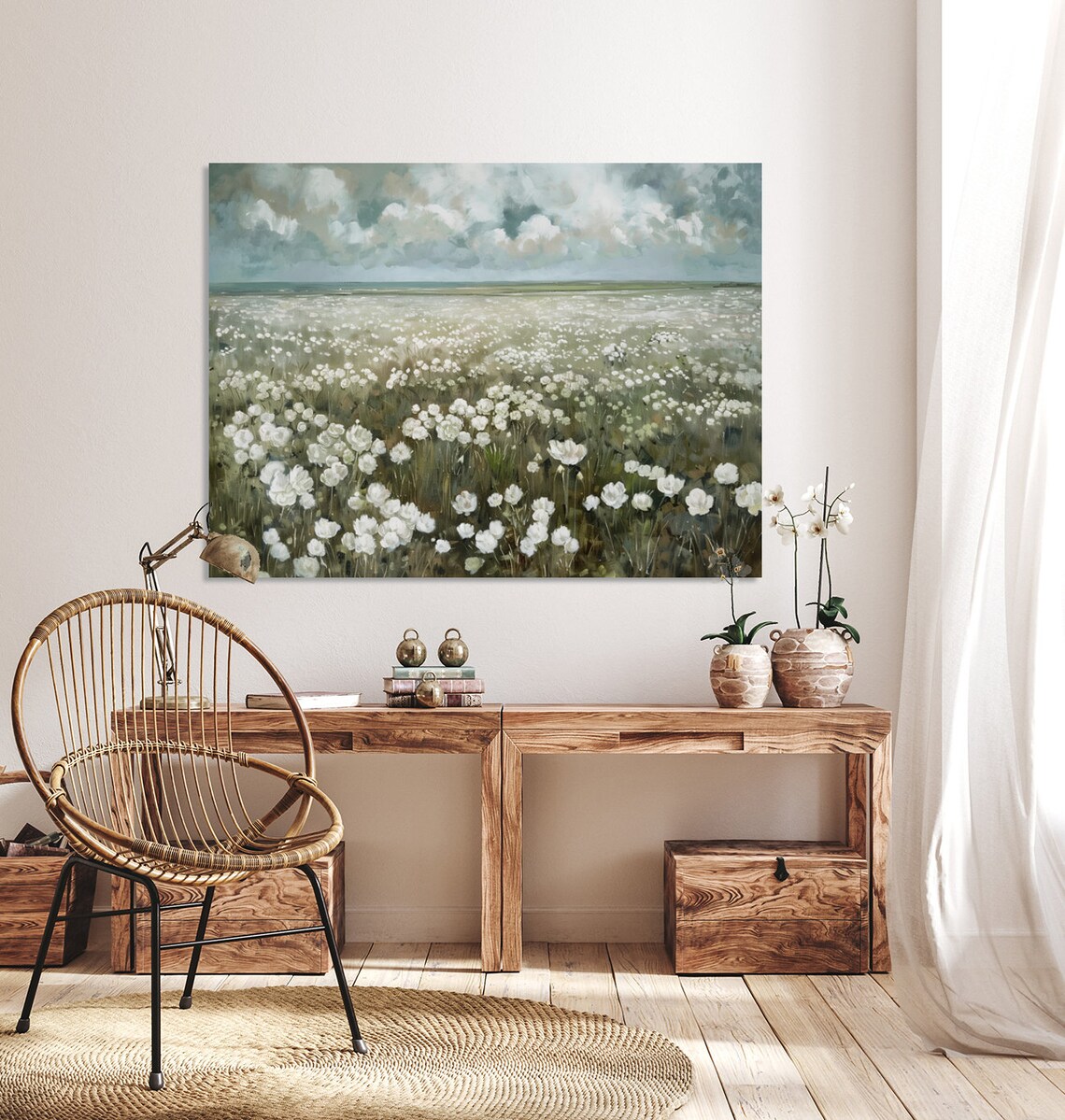White Wildflowers Field Painting Cloudy Sky Scenic Floral Poster - Image 3