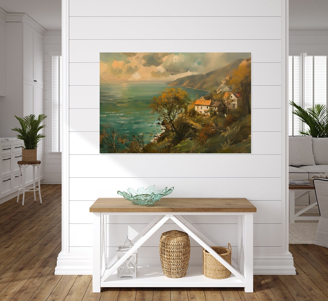 Sunset Over Mediterranean Seaside Village Vintage Oil Painting Poster - Image 5