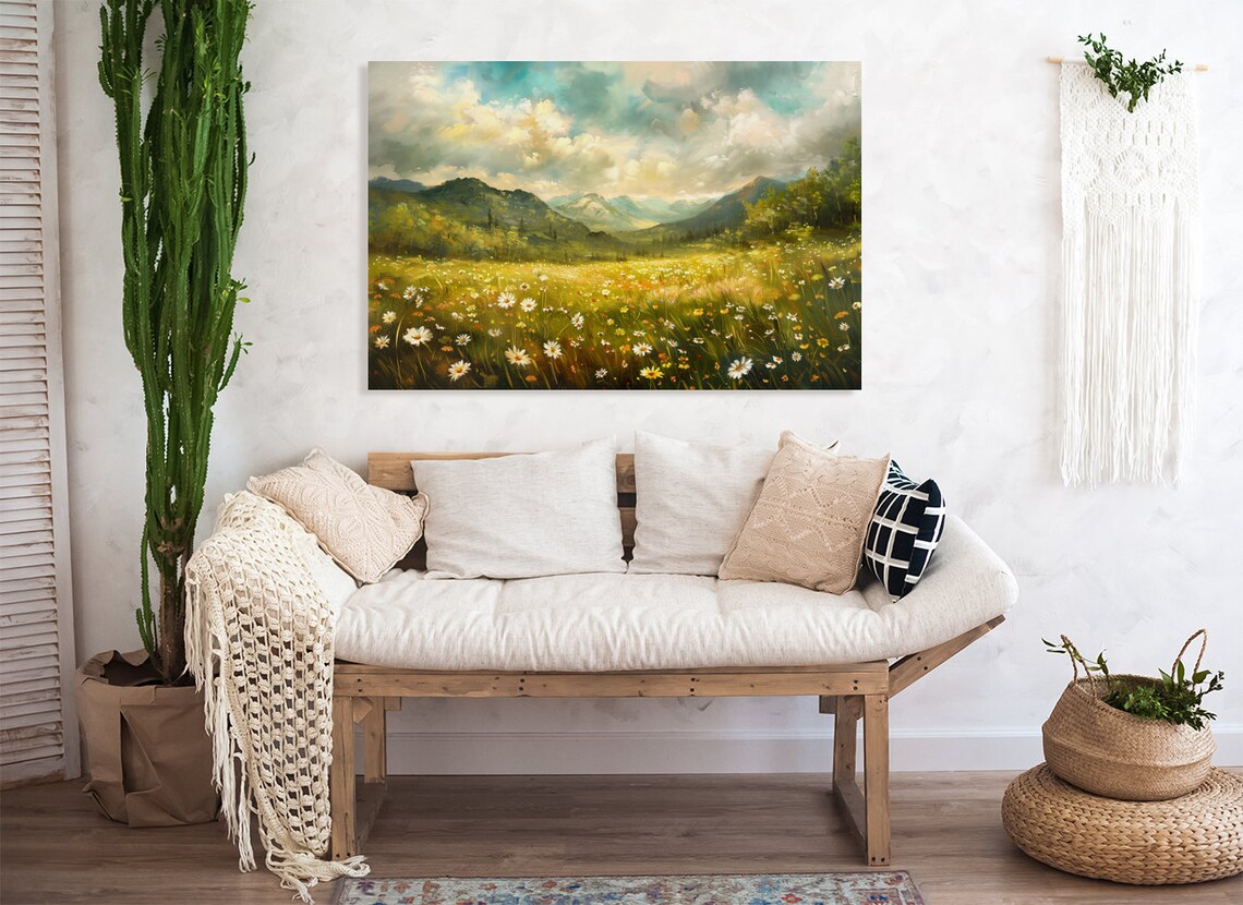 Daisy Wildflower Meadow With Mountains Bright Summer Scene Poster - Image 5
