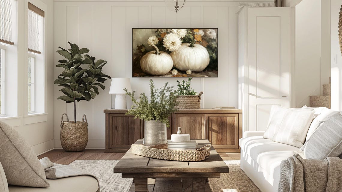 White Pumpkins Autumn Painting Vintage White Flower Frame Poster - Image 5