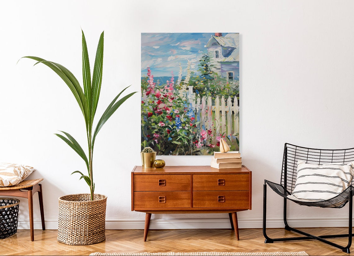 Seaside Cottage Garden With Hollyhocks And Picket Fence Art Poster - Image 2