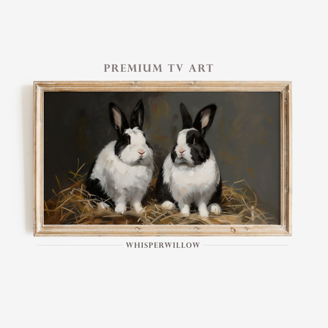 Two Black and White Rabbits Resting in Golden Hay Art Poster