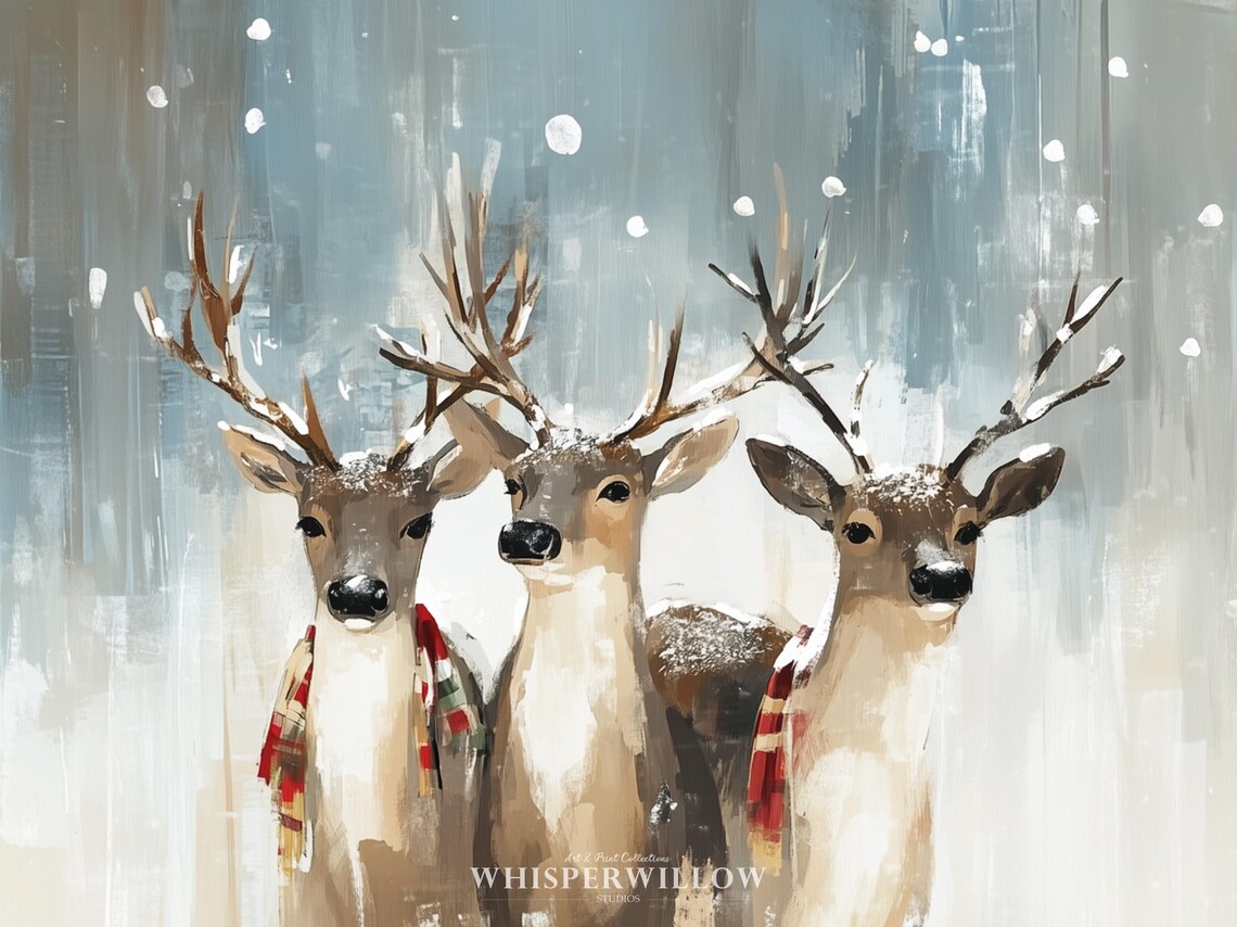 Whimsical Snowy Reindeer Plaid Scarf Holiday Print - Image 6