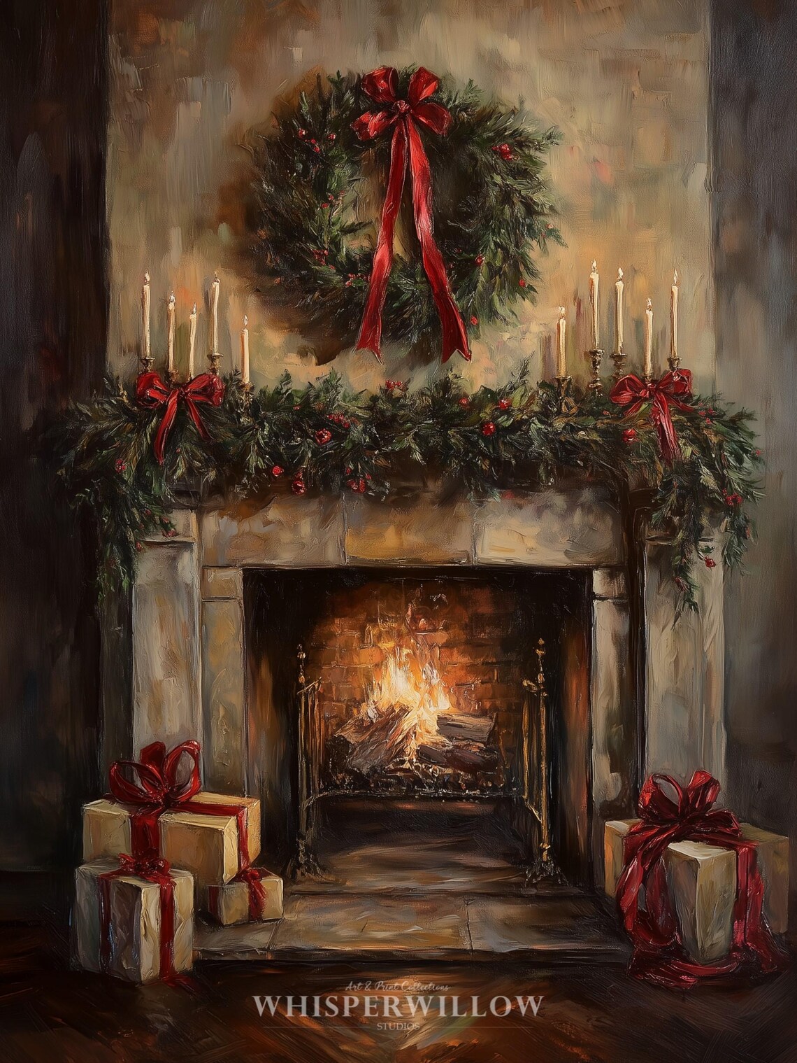 Cozy Christmas Fireplace with Wreath Garland and Gifts Poster - Image 6