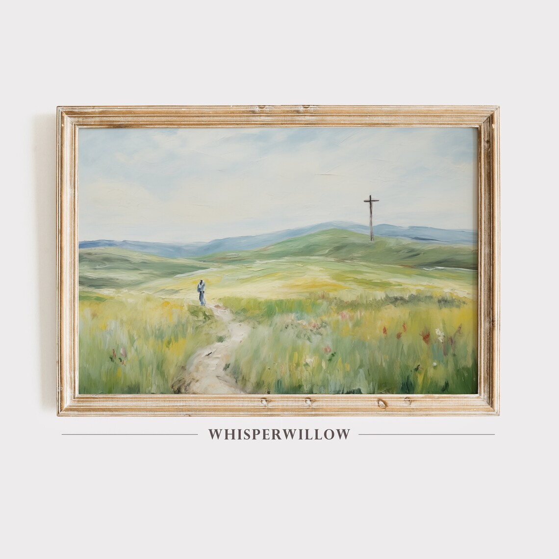 Cross on a Green Hill Christian Faith Meadow Landscape Art Poster