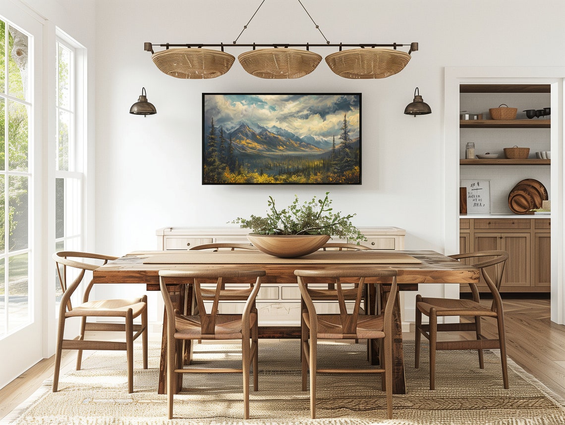 Golden Mountain Valley at Sunset with Pine Forests Painting Poster - Image 5