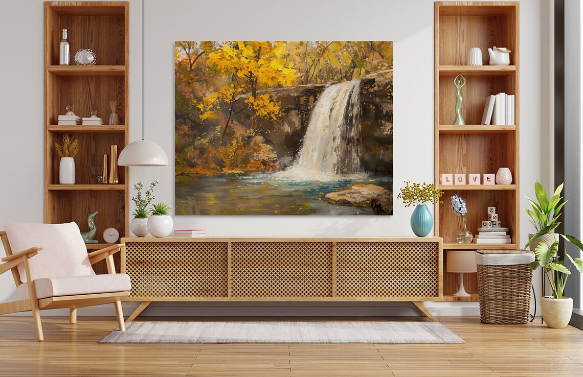 Autumn Waterfall Golden Fall Foliage Impasto Forest Landscape Poster - Image 5