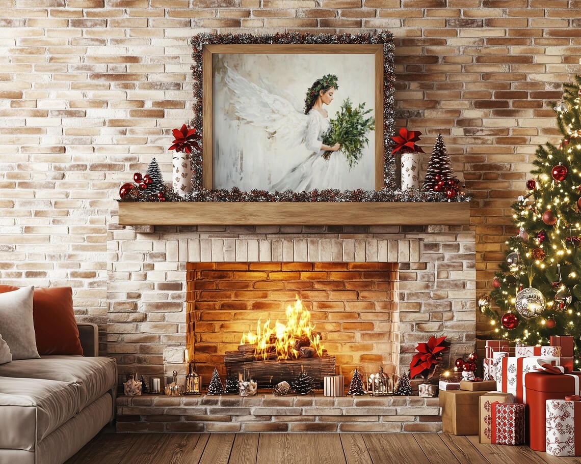 Christmas Angel in White Gown Carrying Greenery Painting Poster - Image 5