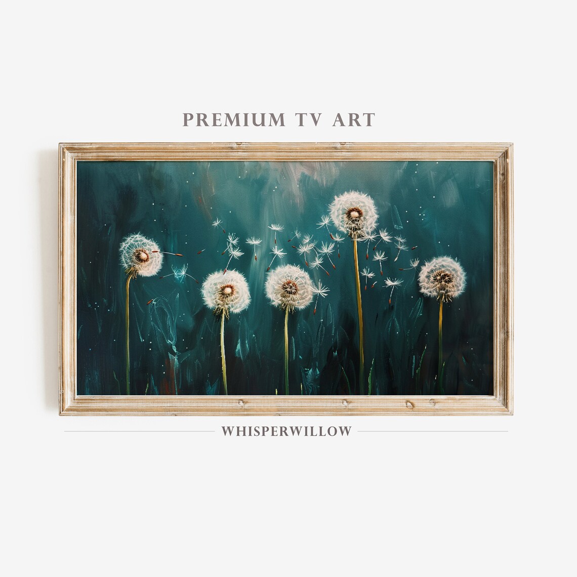 Midnight Dandelion Seeds Deep Teal Background Dreamy Botanical Painting Print