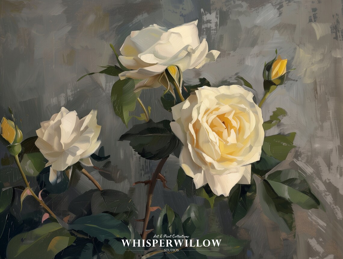 White Roses On Dark Gray Elegant Vintage Floral Oil Painting Poster - Image 6