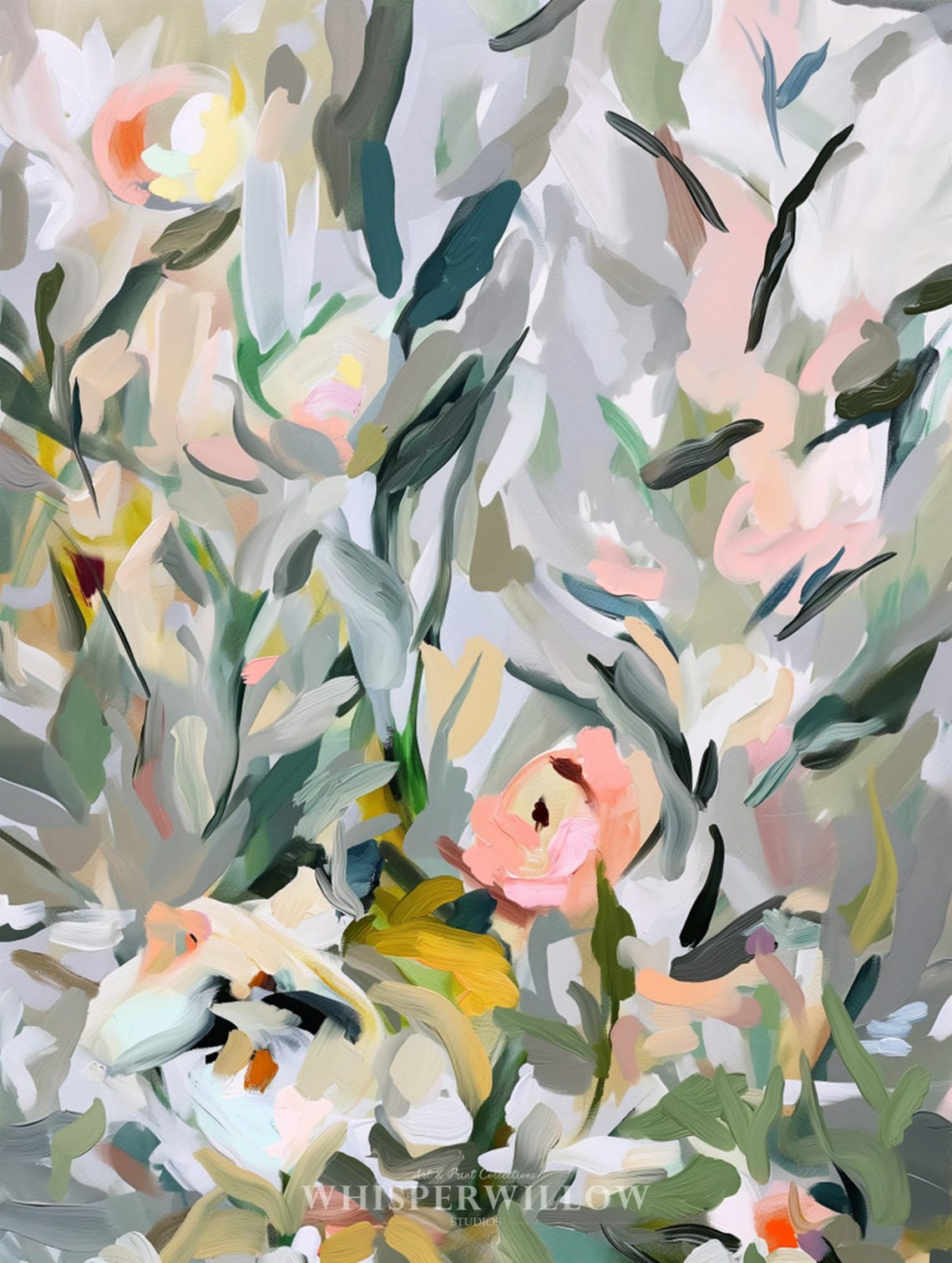 Abstract Spring Flowers Sage Green Pink Floral Painting Poster - Image 6
