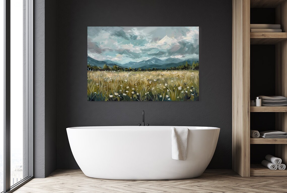 White Wildflowers and Mountains Oil Painting Art Print - Image 3