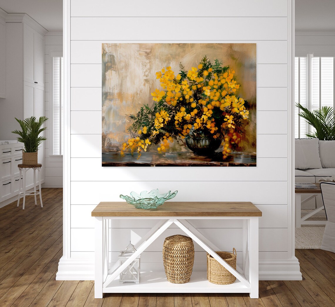 Golden Mimosa Blossoms Vintage Floral Still Life Painting Poster - Image 3
