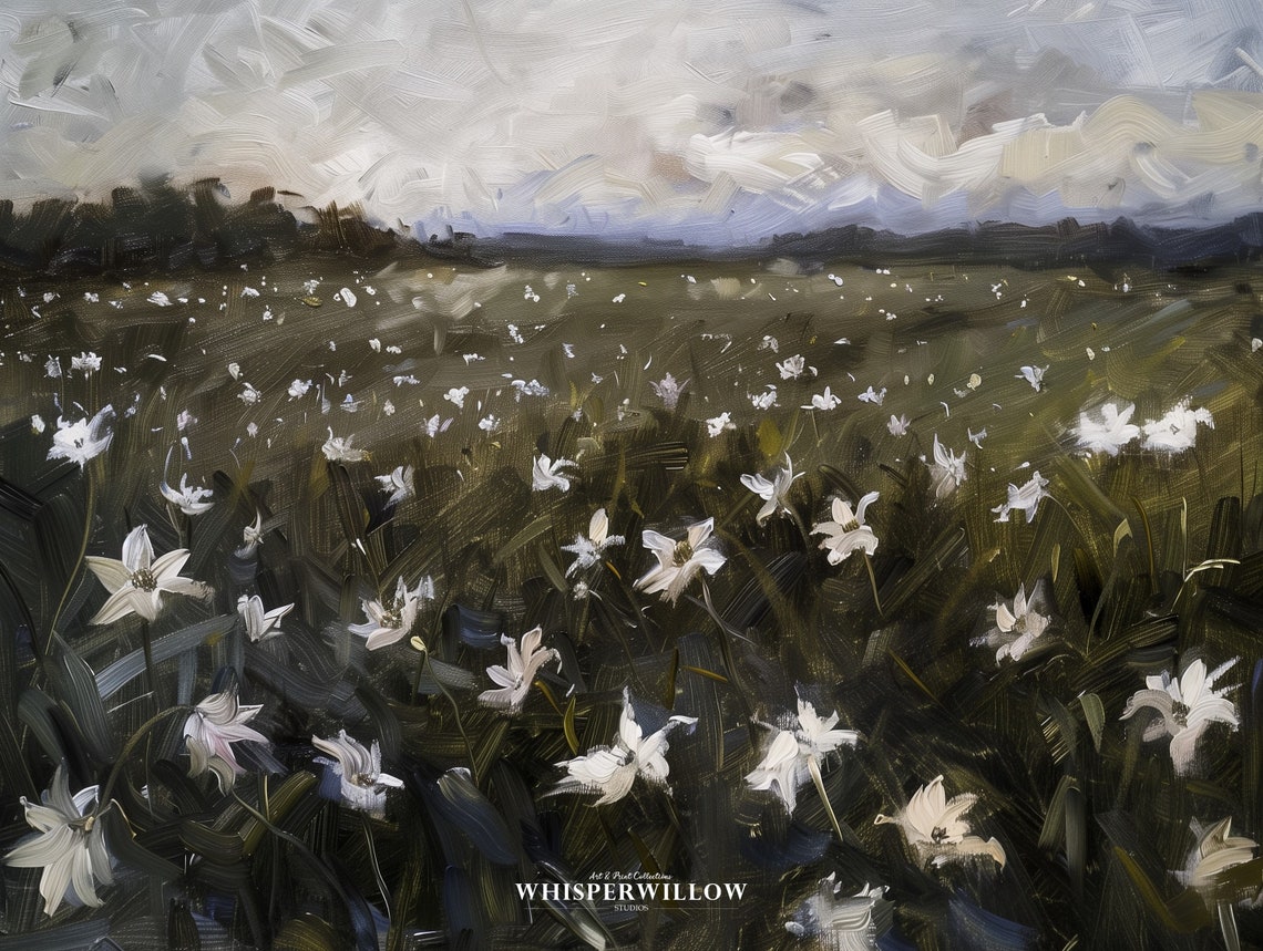 White Wildflower Field Under Cloudy Sky Moody Landscape Art Poster - Image 6