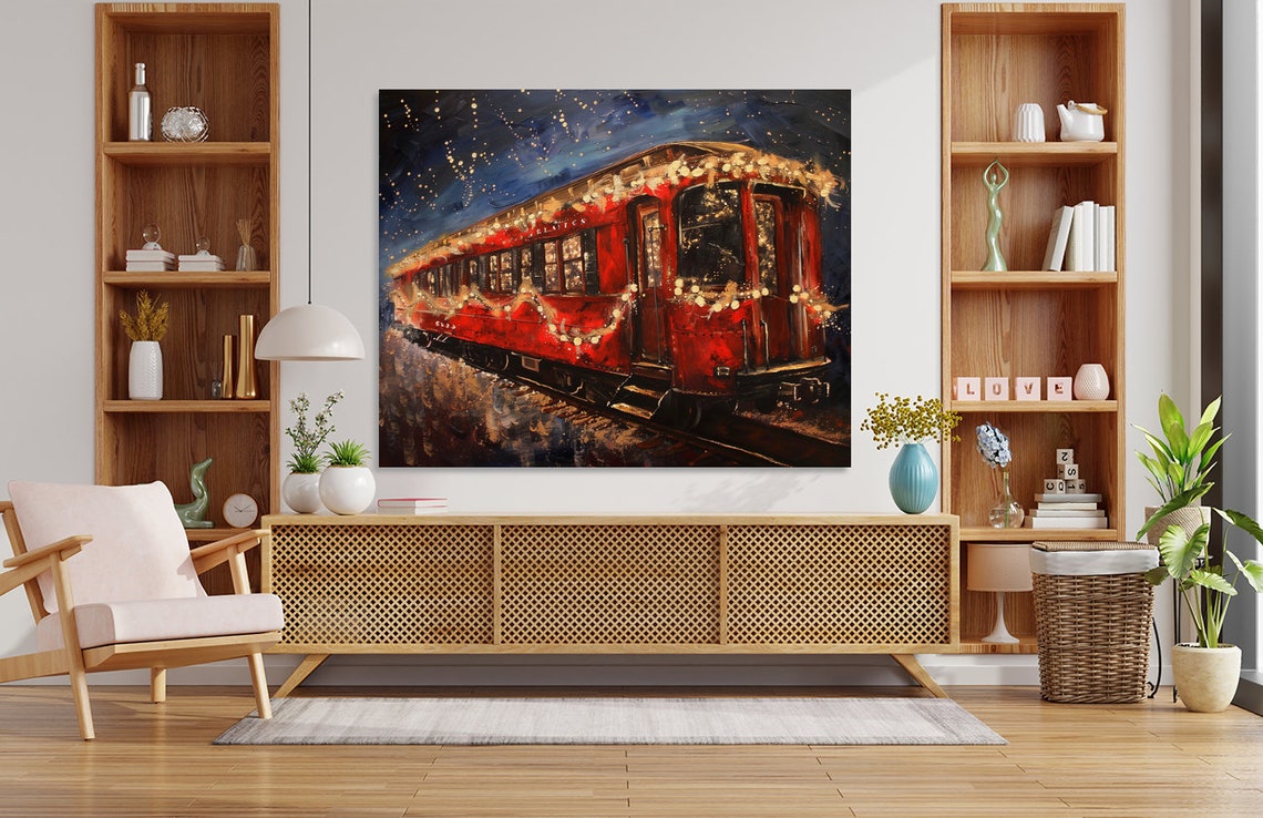 Red Vintage Train Car with Christmas Lights Festive Night Poster - Image 2