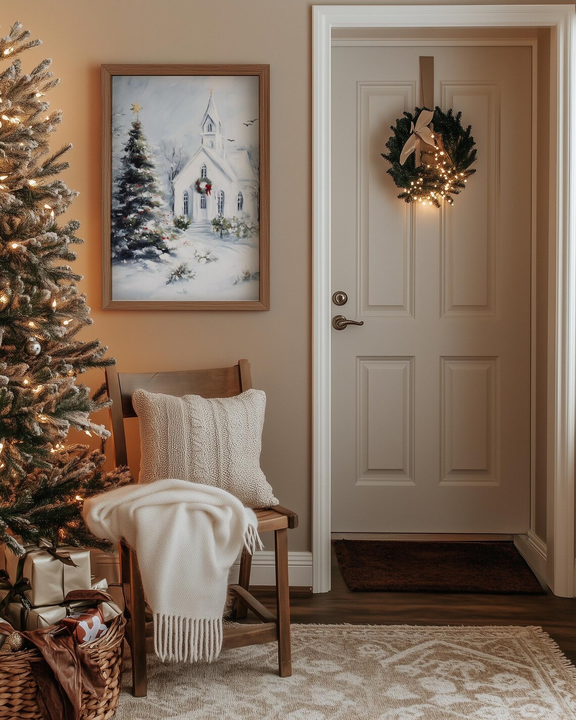 Snowy Christmas Church And Tree Holiday Art Print - Image 5