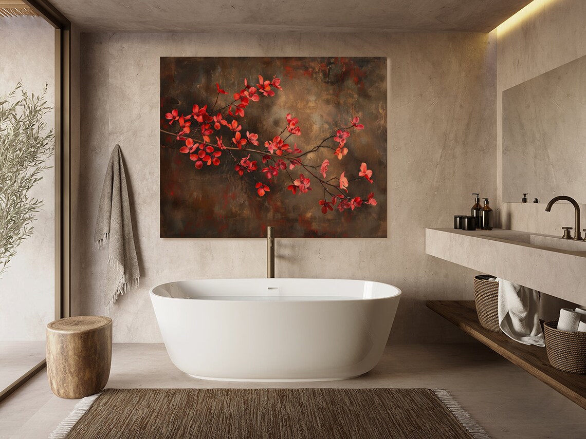 Scarlet Red Dogwood Blossoms Dark Moody Botanical Painting Poster - Image 5