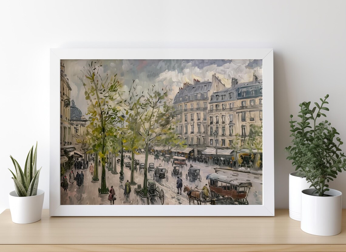 1880s Paris Street With Horse Carriages Vintage European Art Poster - Image 5