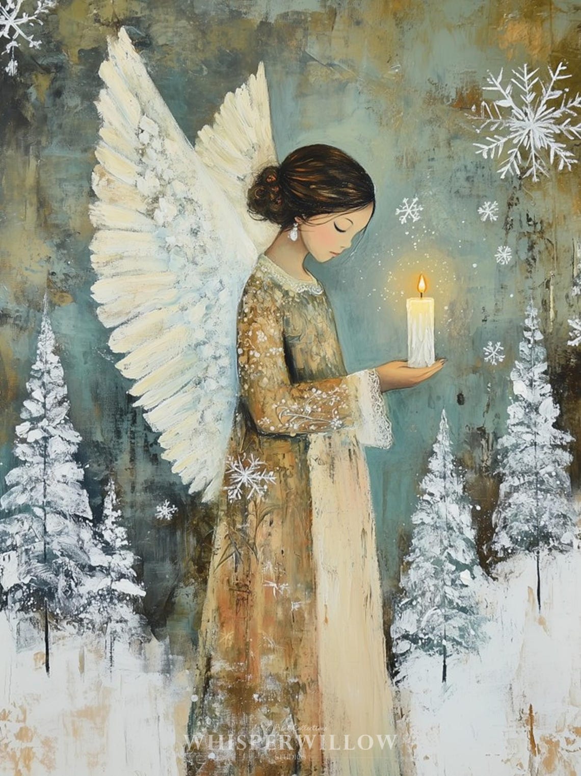 Winter Holiday Angel Candle Snowy Pines Snowflakes Peaceful Wall Art - Image 6