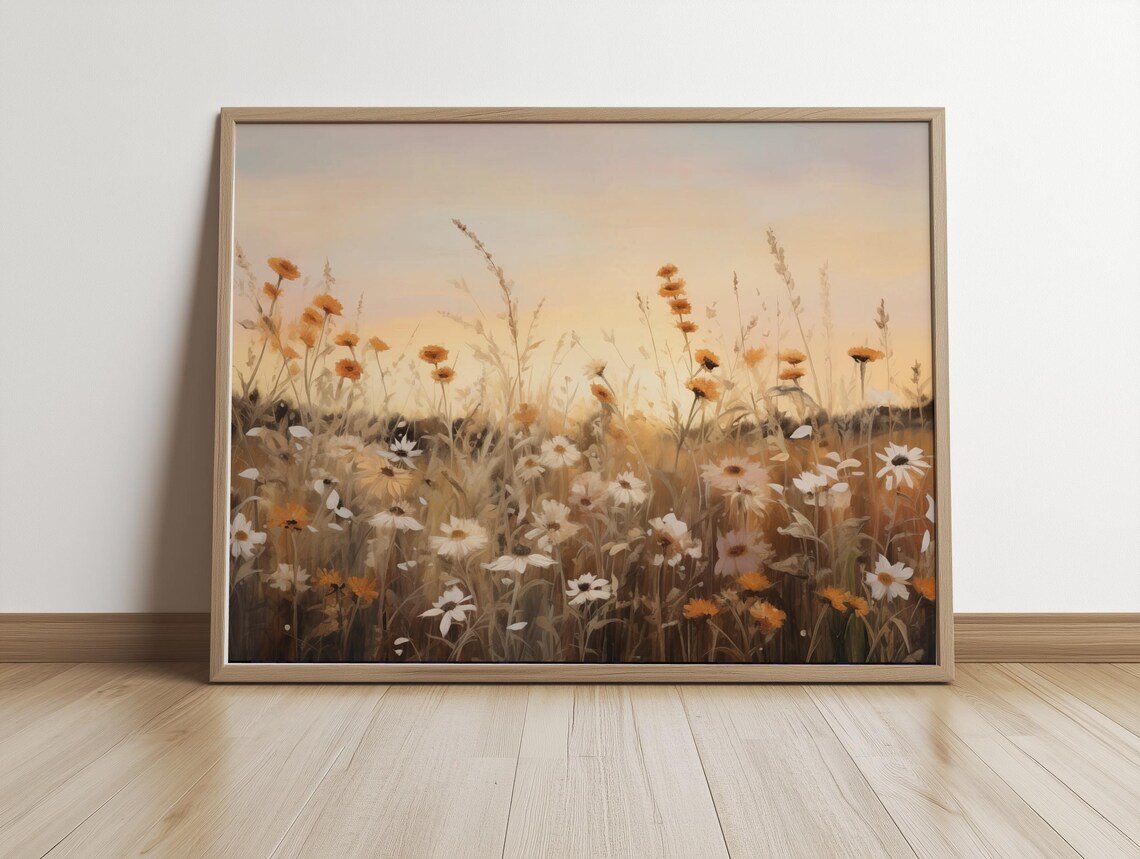 White and Orange Wildflowers Sunset Meadow Painting Art Poster - Image 5