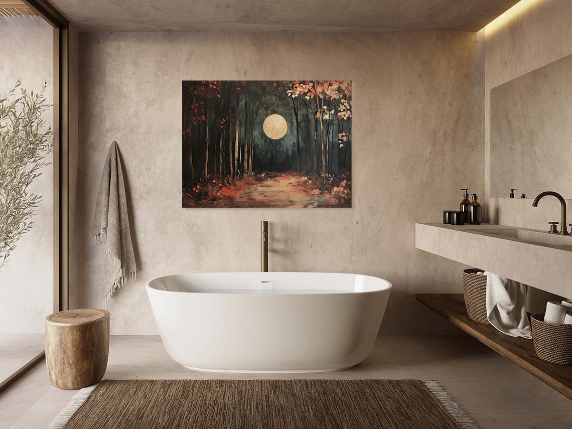 Bright Full Moon Rising Over a Dark Autumn Forest Path Poster - Image 4